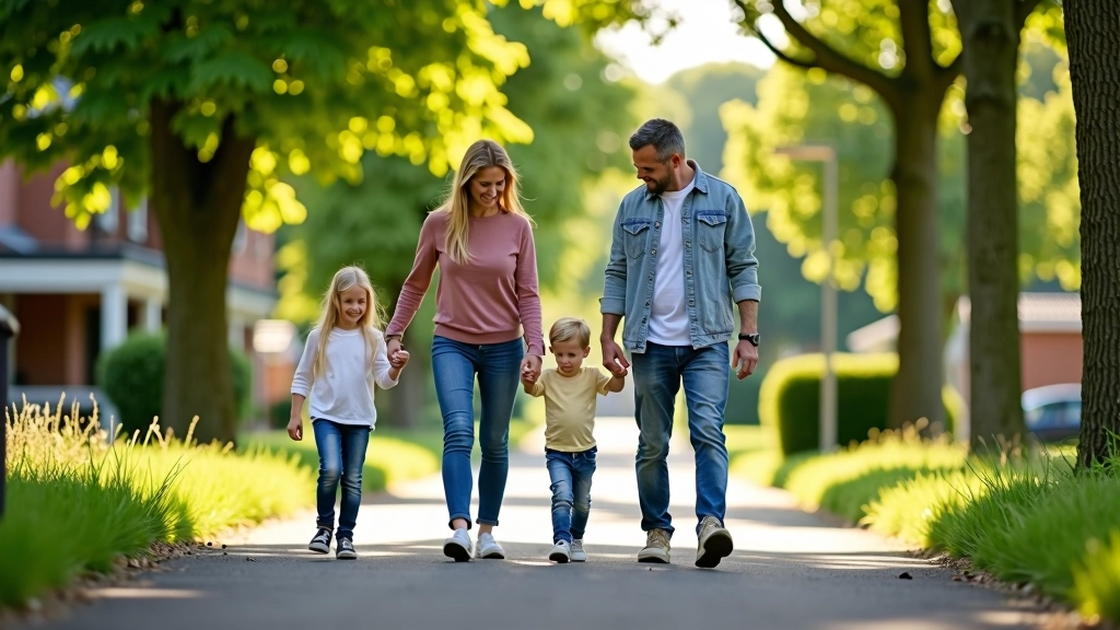 Familie loopt door buitenwijk met kinderen, groen en huizen op achtergrond